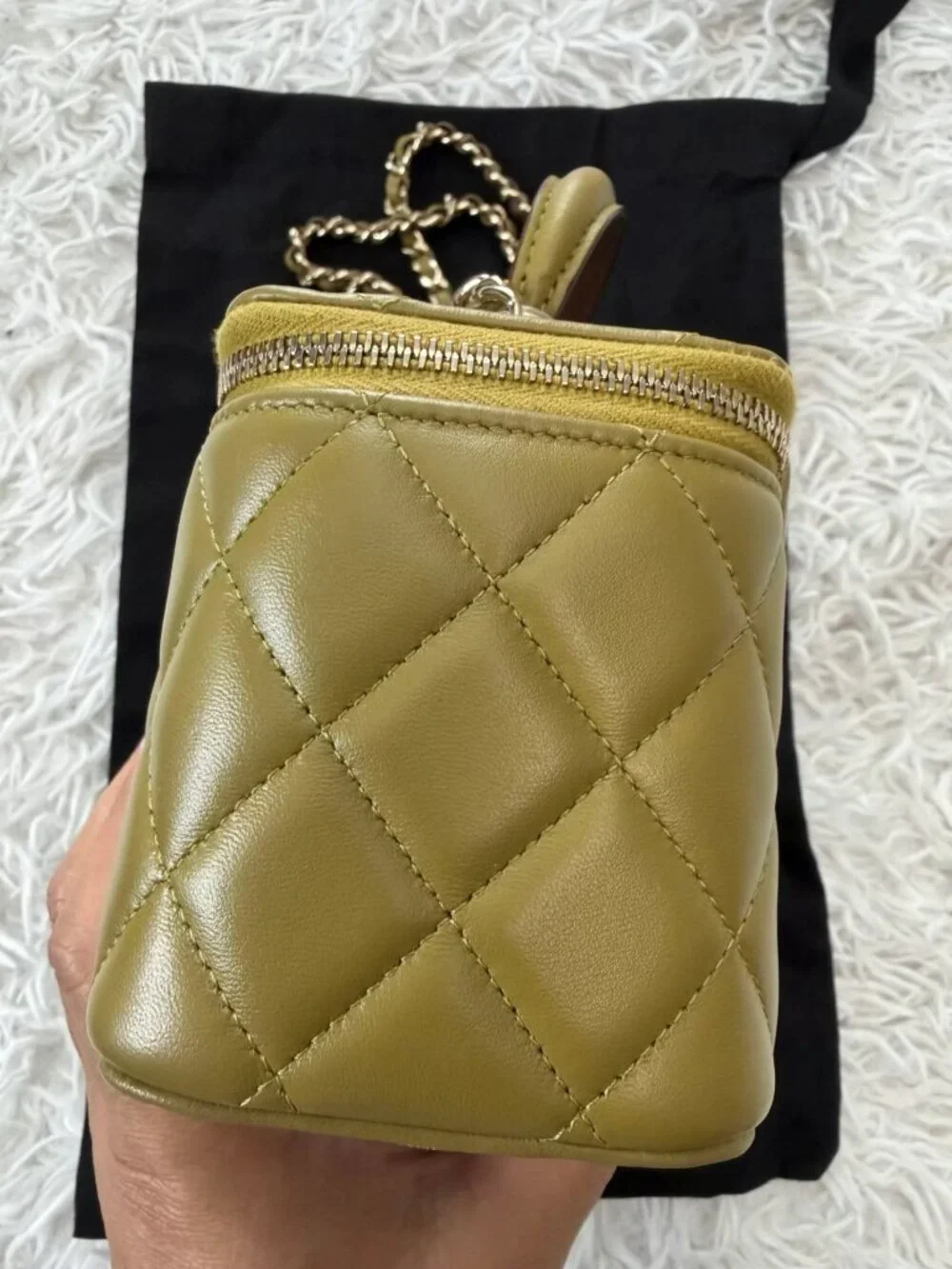 CHANEL Lambskin Quilted Small Top Handle Vanity Case With Chain in Green and Bro